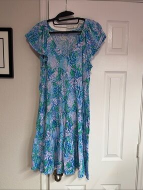 Lilly Pulitzer Blue & Green Floral Flutter-Sleeve Midi Dress